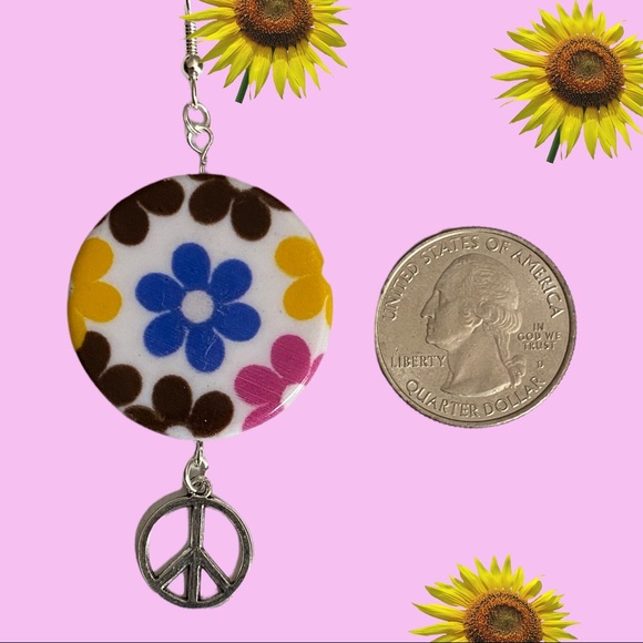 Hand Crafted Earrings Flower Peace Hippie Boho Dangle Silver Pink Blue Pierced - Picture 5 of 6